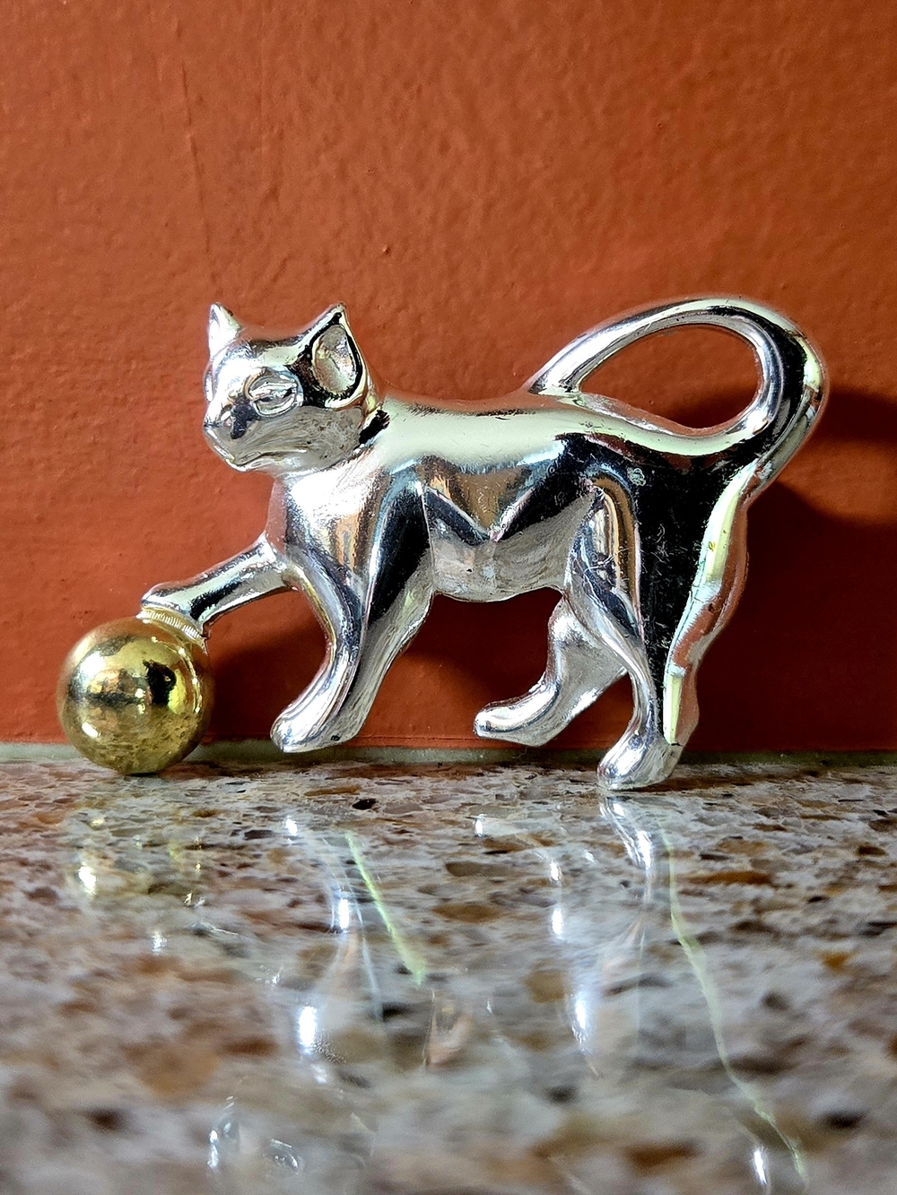 Cool Cat Brooch Silver Tone Cat With Gold Ball Brooch Cat Lady Jewelry
